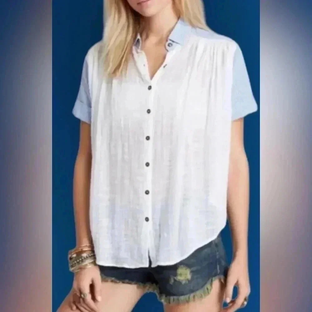 Woman FREE PEOPLE blue White Striped Gauzy Button S/s Button Shirt Sz Medium